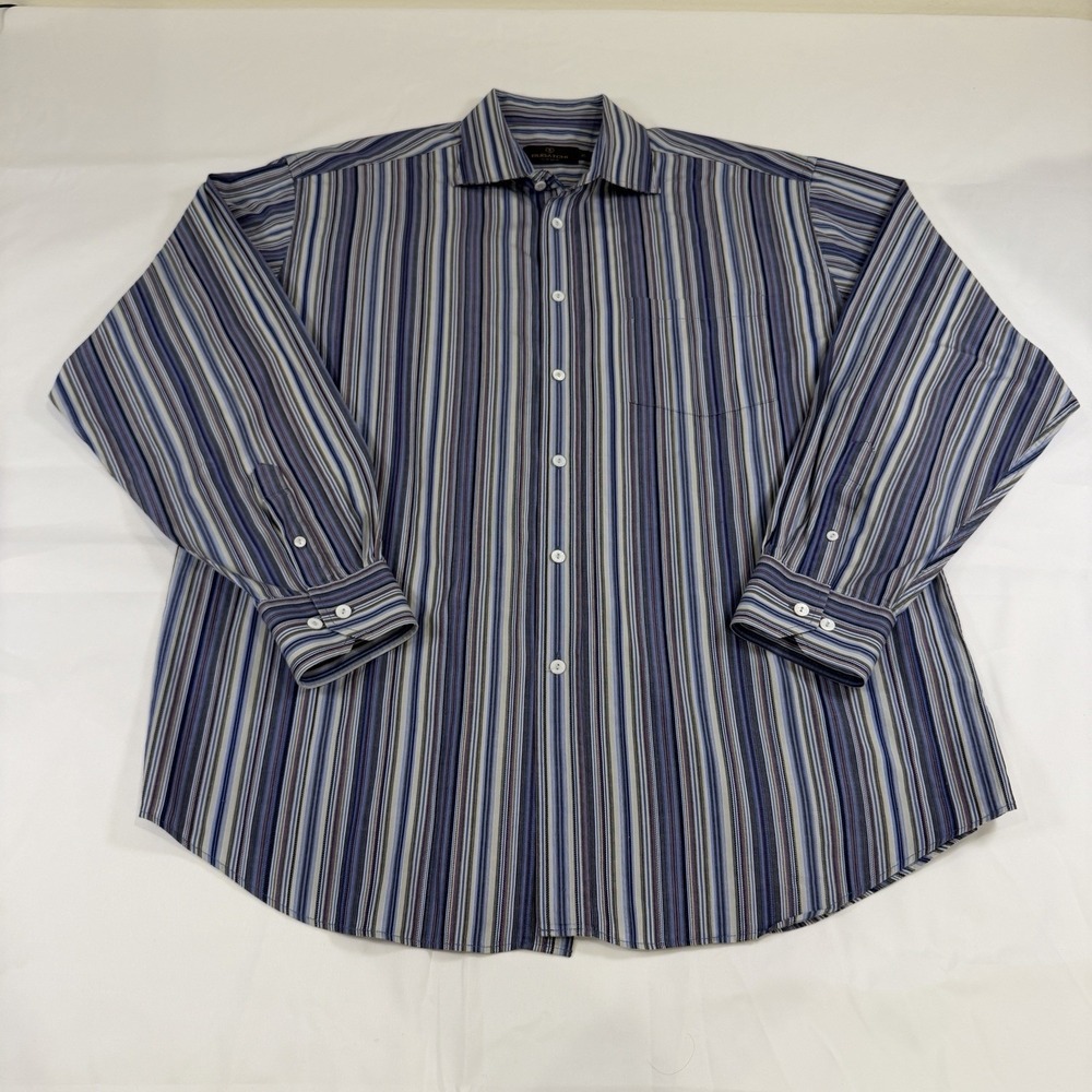 Bugatchi Uomo Men's Casual Blue Tan Striped Button Up Long Sleeve Shirt Size XL